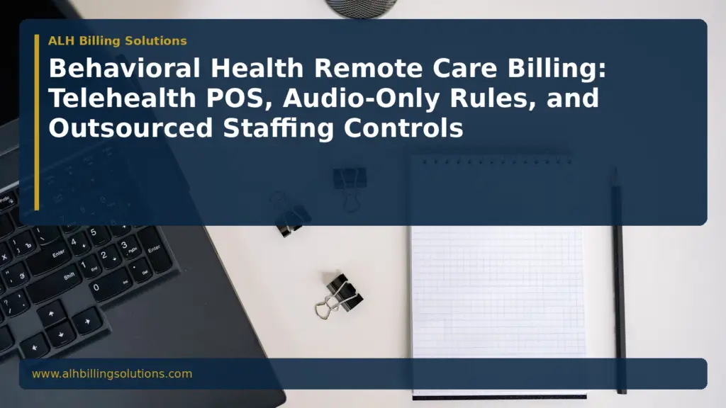 Overhead desk still life with black laptop, blank grid notepad, binder clips, and pencil under navy title overlay for Behavioral Health Remote Care Billing: Telehealth POS, Audio-Only Rules, and Outsourced Staffing Controls, ALH Billing Solutions, www.alhbillingsolutions.com