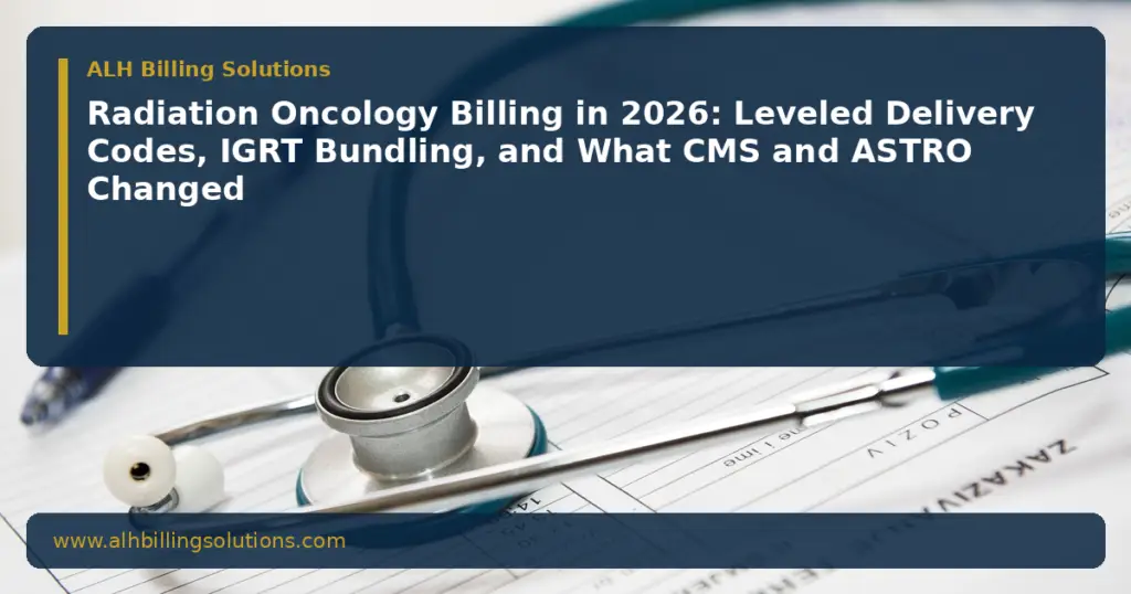 Desk still life with treatment chart and billing checklist under navy title overlay for Radiation Oncology Billing in 2026: Leveled Delivery Codes, IGRT Bundling, and What CMS and ASTRO Changed, ALH Billing Solutions, www.alhbillingsolutions.com