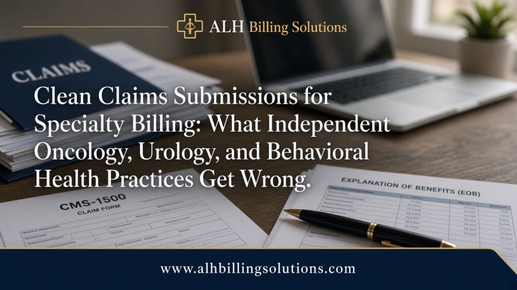 Medical billing desk with claim forms and specialty coding notes for clean claims submissions specialty billing